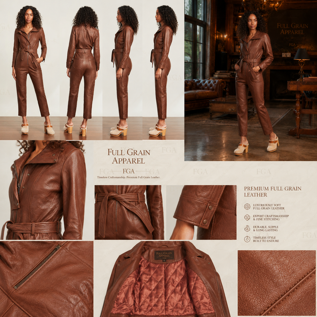 Women's Brown Leather Jumpsuit | Fitted Moto Playsuit | Full Grain Apparel