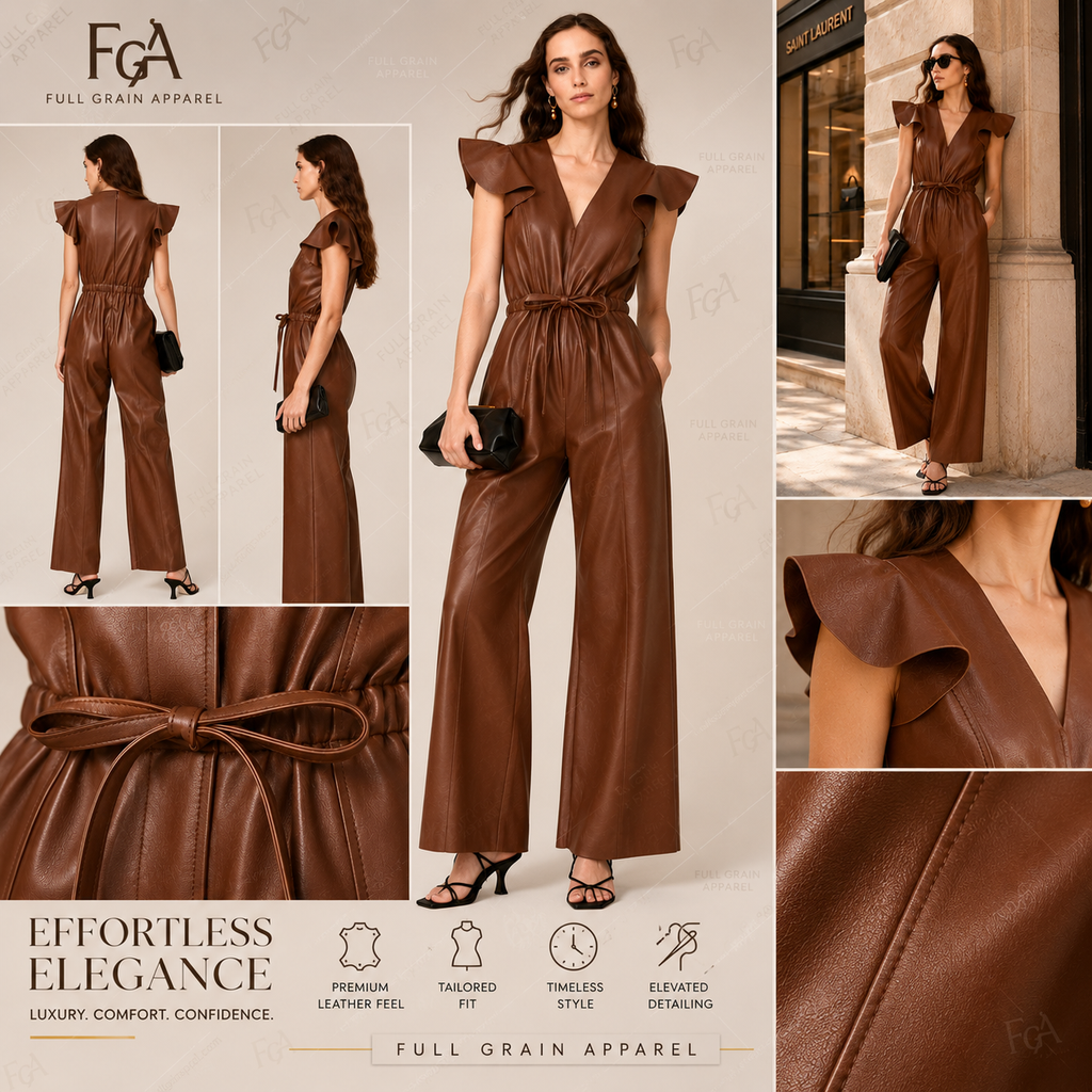 Women's Brown Leather Jumpsuit | Ruffle Utility Romper | Full Grain Apparel
