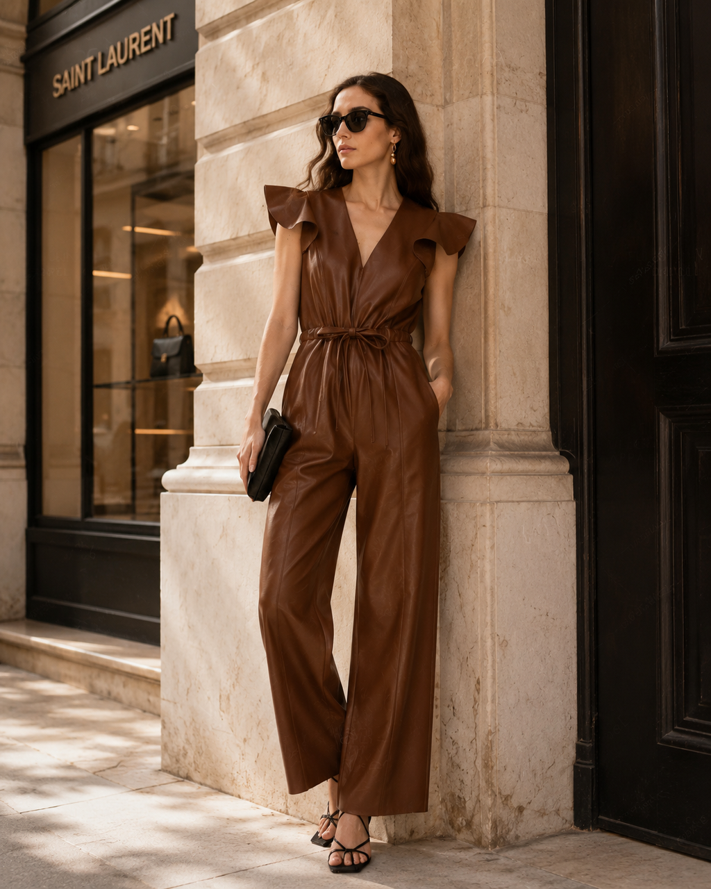 Women's Brown Leather Jumpsuit | Ruffle Utility Romper | Full Grain Apparel