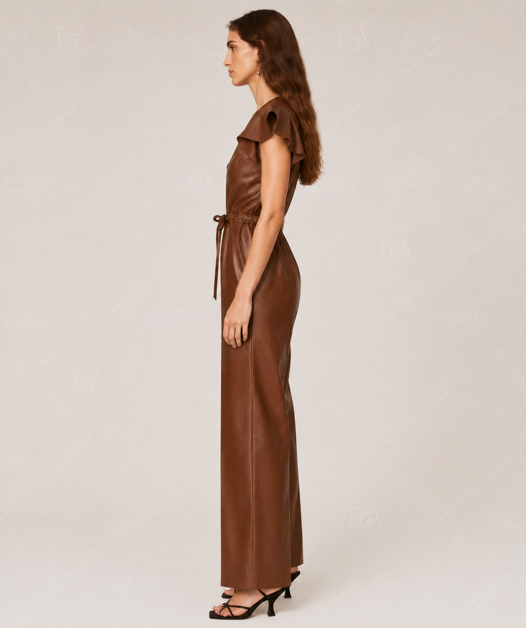 Women's Brown Leather Jumpsuit | Ruffle Utility Romper | Full Grain Apparel