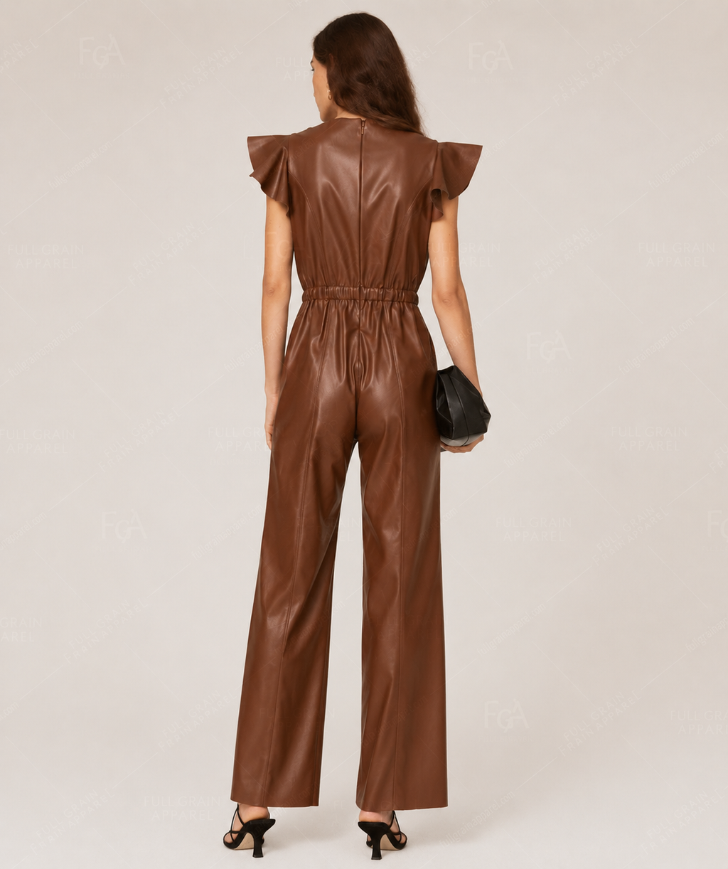 Women's Brown Leather Jumpsuit | Ruffle Utility Romper | Full Grain Apparel