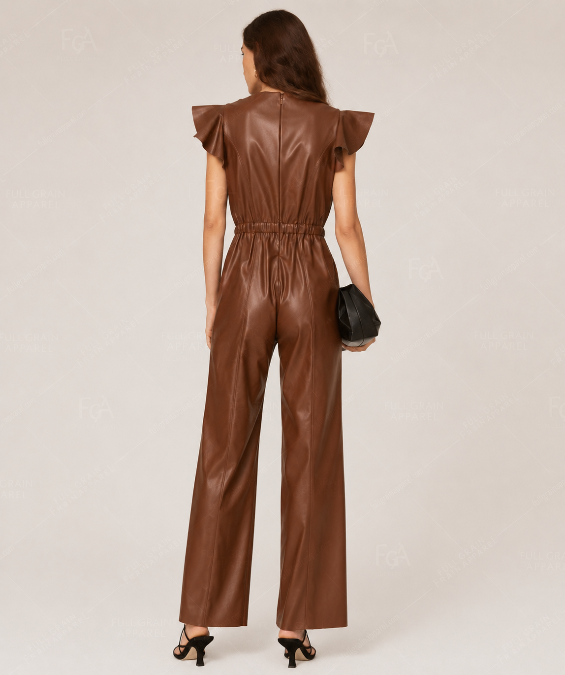 Women's Brown Leather Jumpsuit | Ruffle Utility Romper | Full Grain Apparel