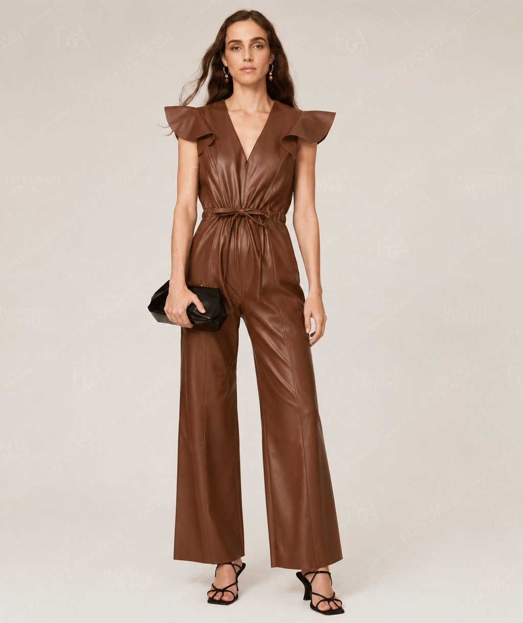 Women's Brown Leather Jumpsuit | Ruffle Utility Romper | Full Grain Apparel