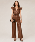 Women's Brown Leather Jumpsuit | Ruffle Utility Romper | Full Grain Apparel