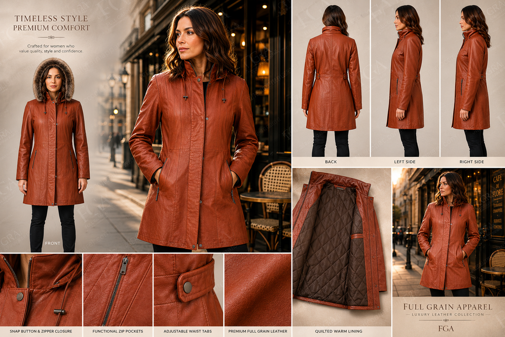 Women's Tan Leather Trench Coat | Slim Fit Parka | Full Grain Apparel