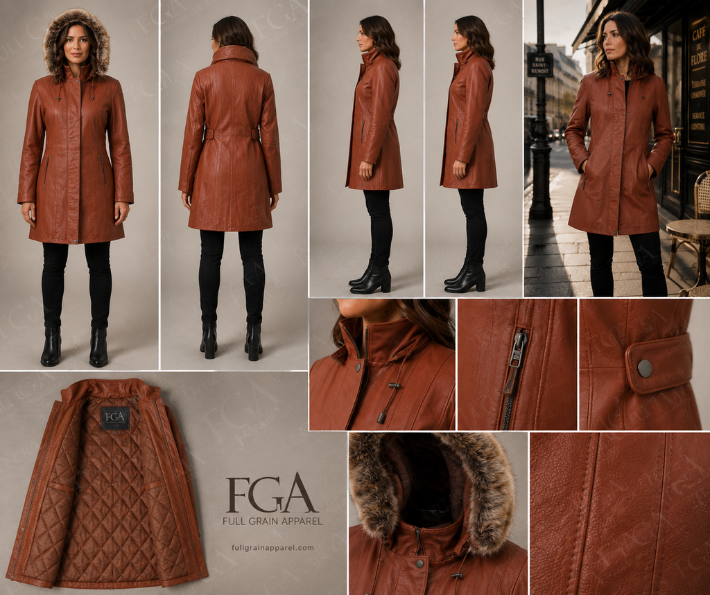 Women's Tan Leather Trench Coat | Slim Fit Parka | Full Grain Apparel
