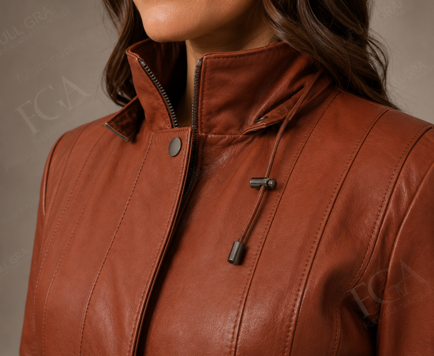 Women's Tan Leather Trench Coat | Slim Fit Parka | Full Grain Apparel