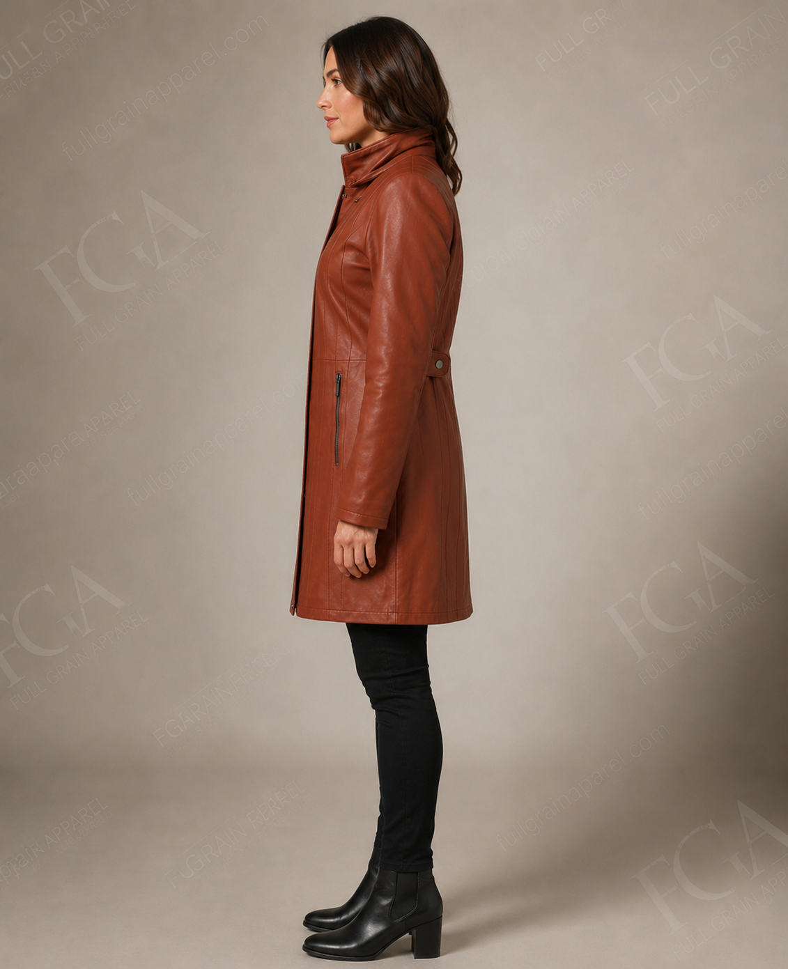 Women's Tan Leather Trench Coat | Slim Fit Parka | Full Grain Apparel