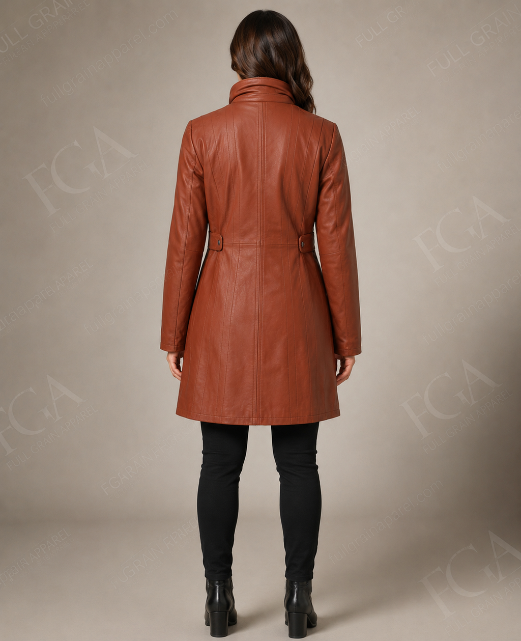 Women's Tan Leather Trench Coat | Slim Fit Parka | Full Grain Apparel