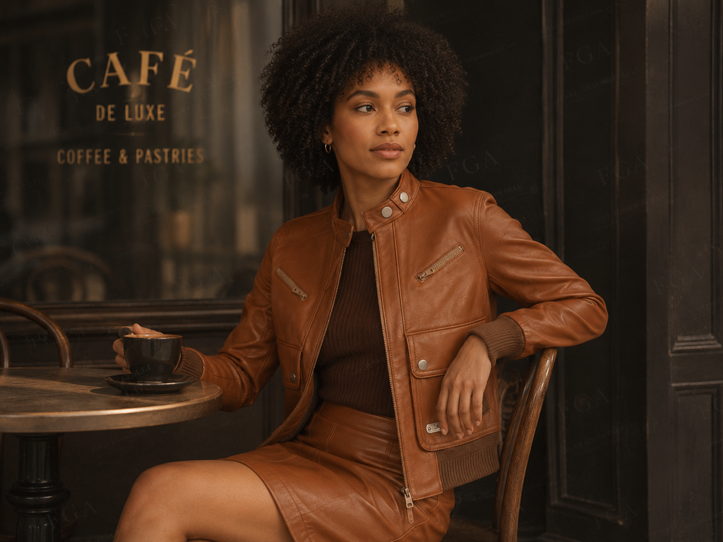 Women's Brown Bomber Leather Jacket | Cafe Racer | Full Grain Apparel