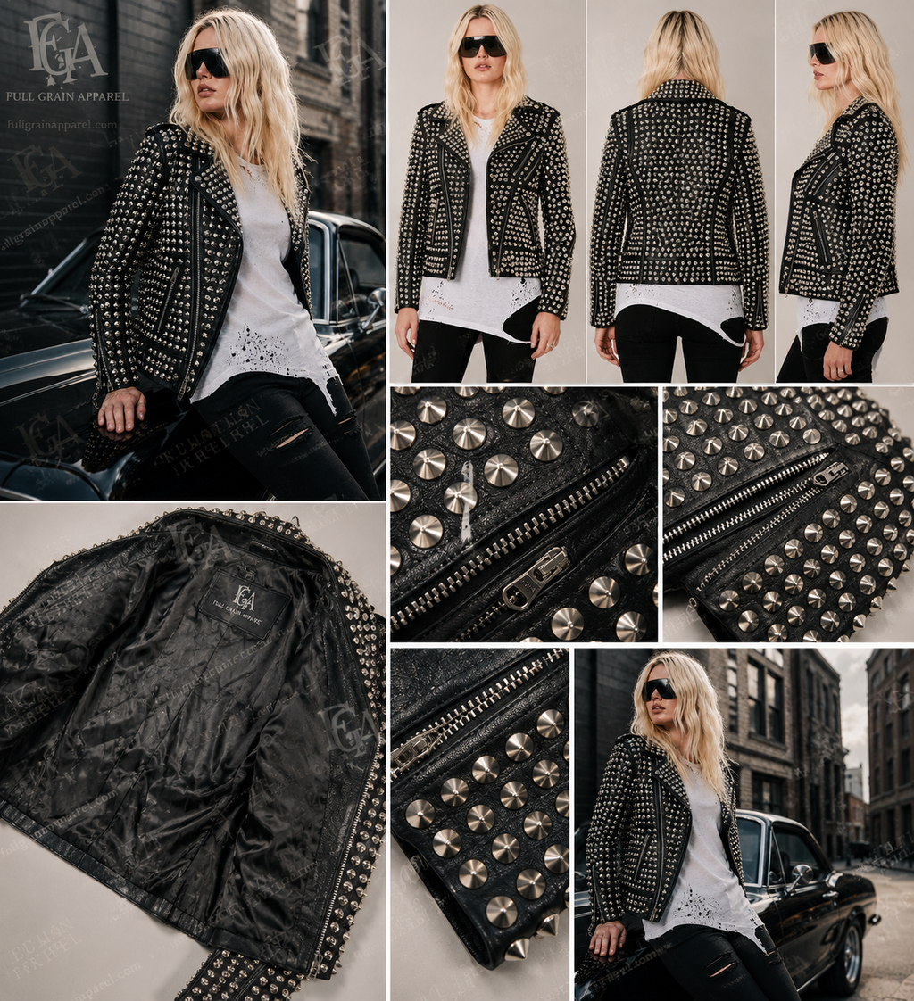 Women's Black Studded Leather Jacket | Punk Rock Biker | Full Grain Apparel