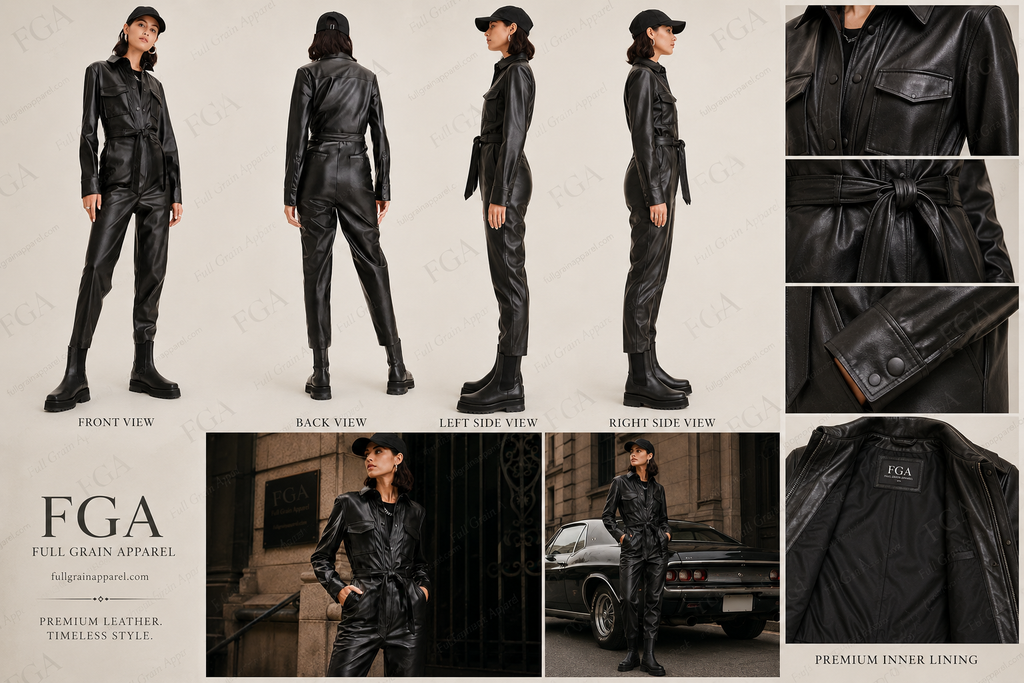 Women's Black Leather Jumpsuit | Designer Romper | Full Grain Apparel