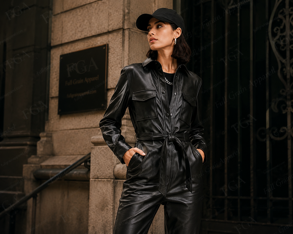 Women's Black Leather Jumpsuit | Designer Romper | Full Grain Apparel