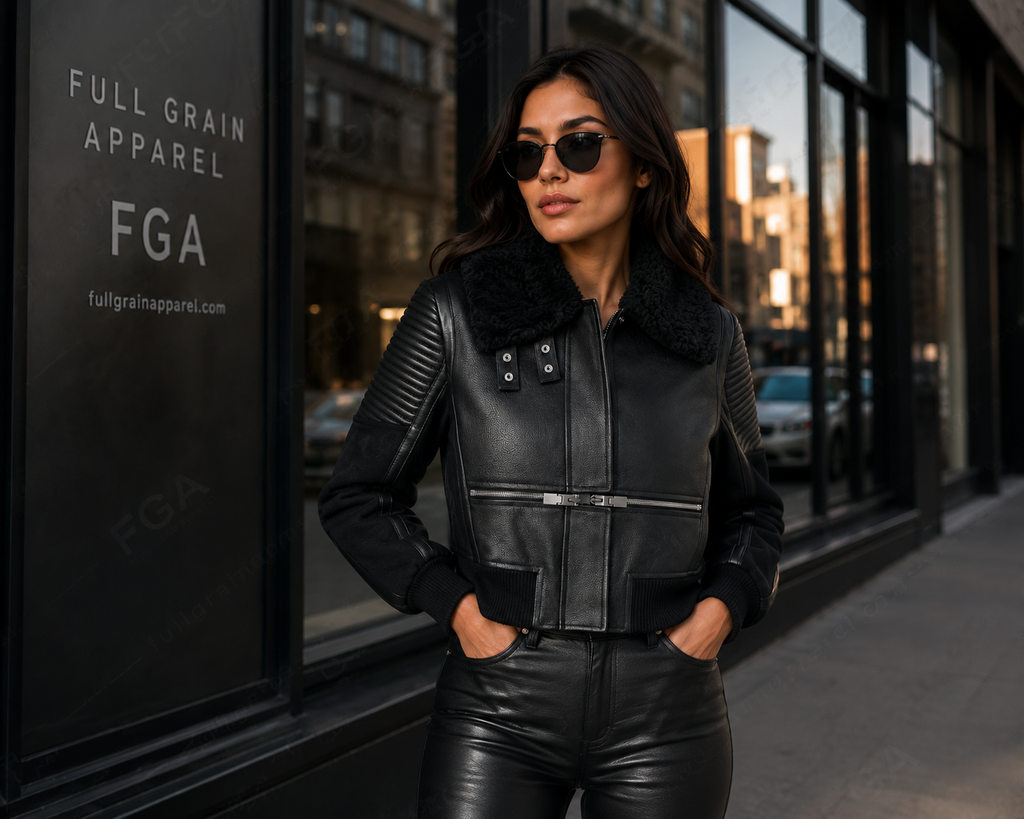 Women's Black Shearling Bomber Jacket | Biker Moto | Full Grain Apparel