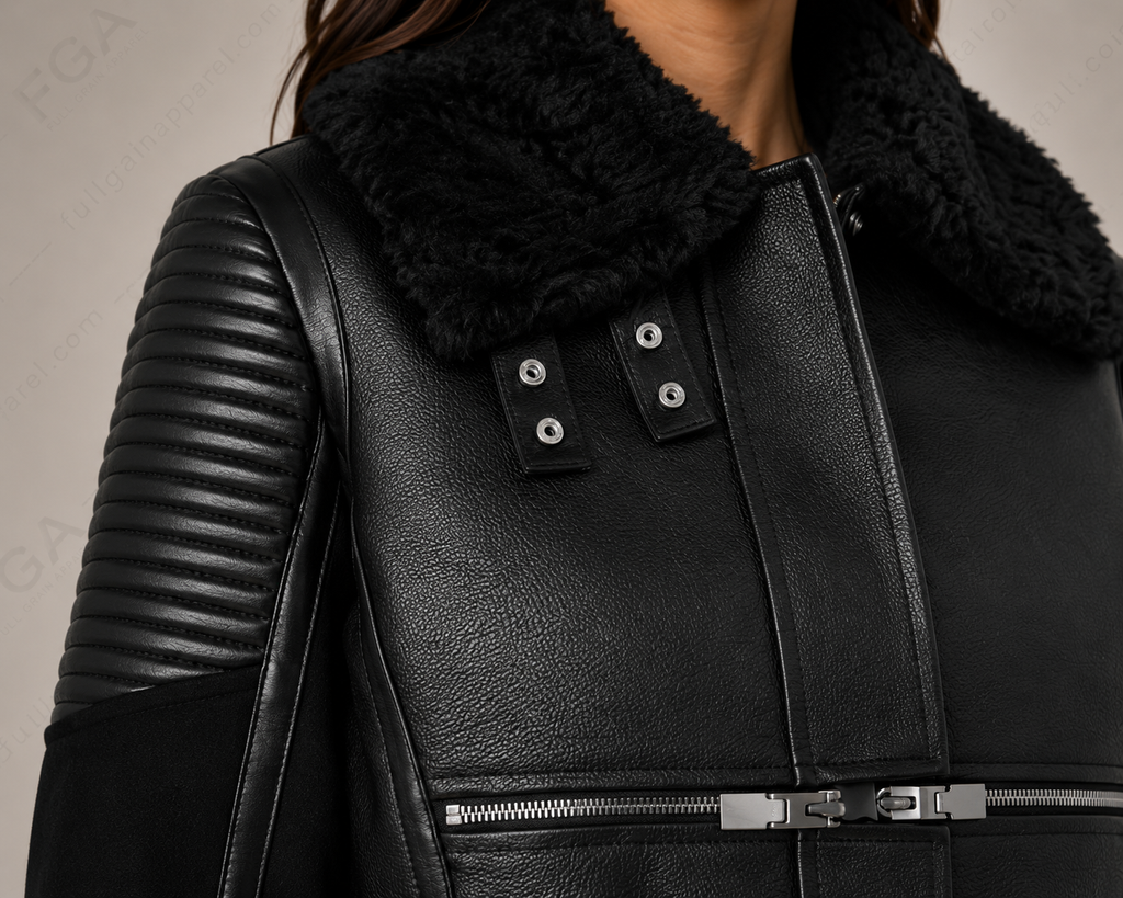 Women's Black Shearling Bomber Jacket | Biker Moto | Full Grain Apparel