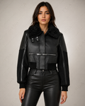 Women's Black Shearling Bomber Jacket | Biker Moto | Full Grain Apparel