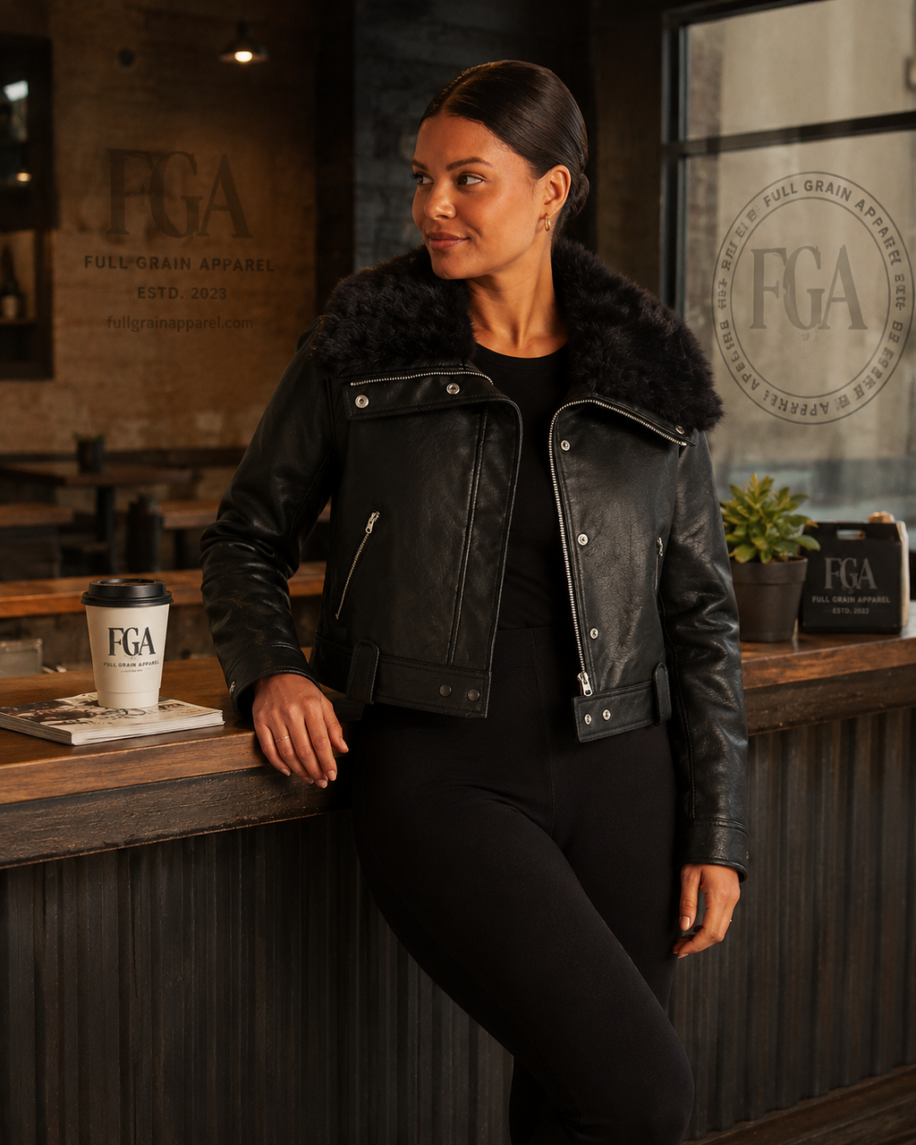 Women's Black Shearling Leather Jacket | Aviator Biker | Full Grain Apparel