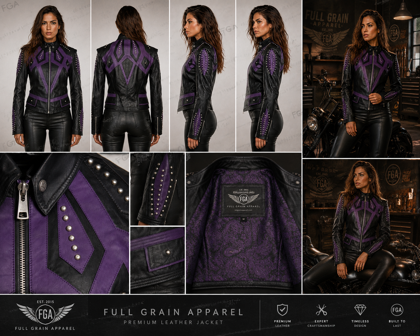 Women's Black & Purple Leather Jacket | Studded Moto | Full Grain Apparel