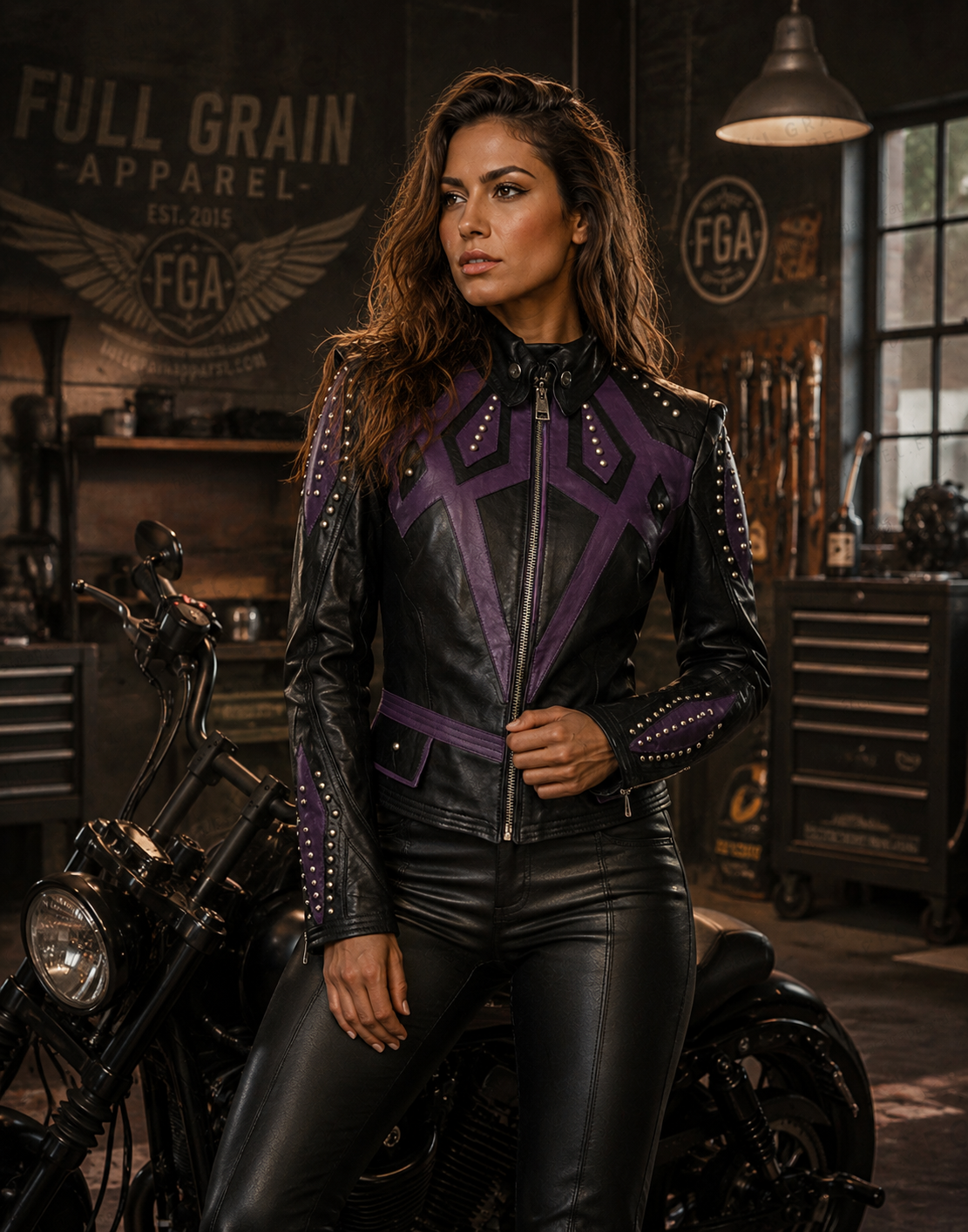 Women's Black & Purple Leather Jacket | Studded Moto | Full Grain Apparel