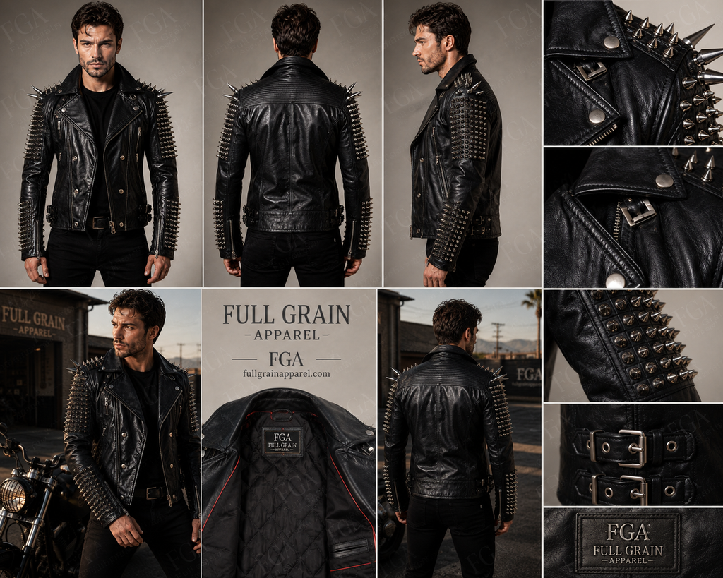 Men's Black Studded Leather Jacket | Spiked Moto | Full Grain Apparel