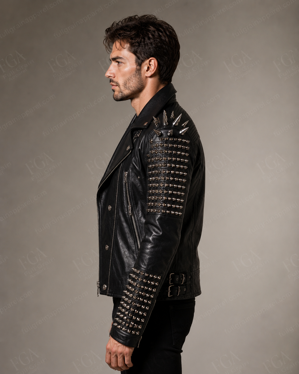 Men's Black Studded Leather Jacket | Spiked Moto | Full Grain Apparel