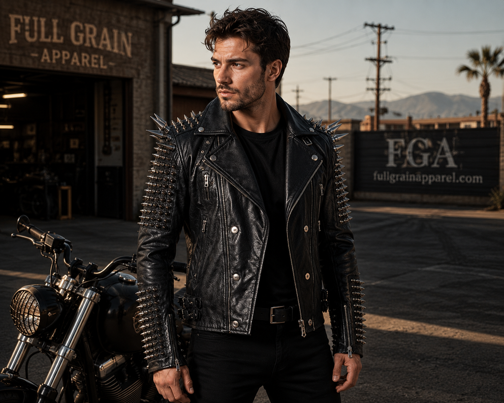 Men's Black Studded Leather Jacket | Spiked Moto | Full Grain Apparel