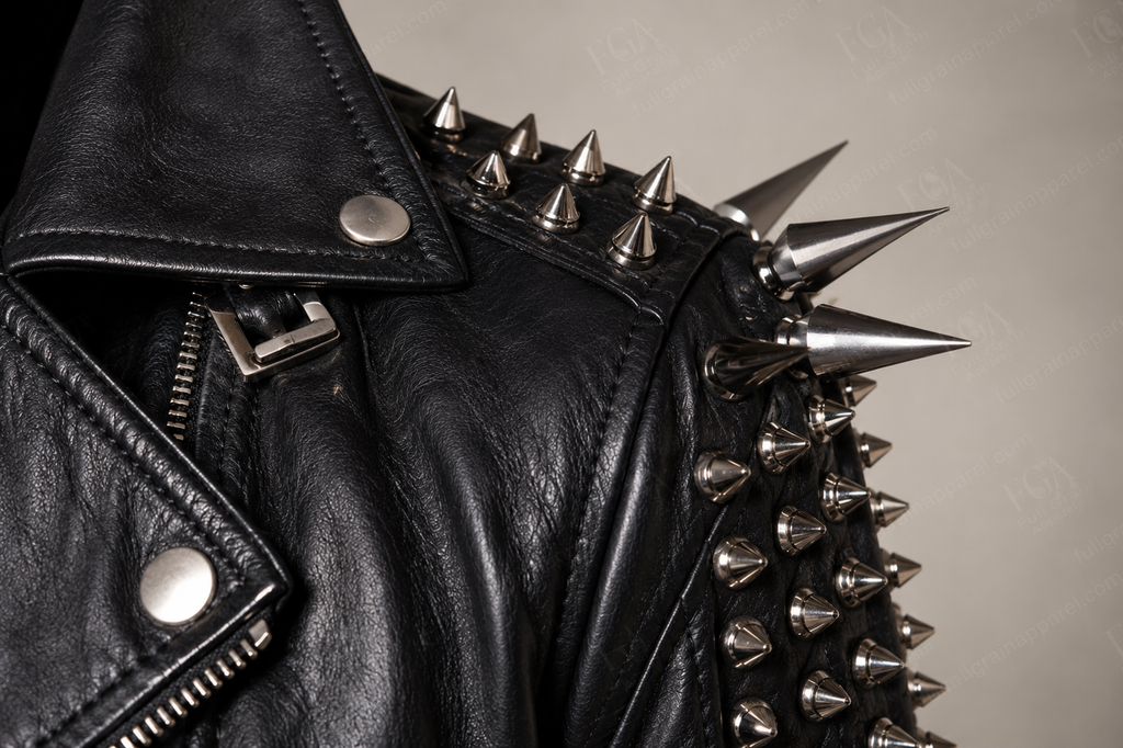 Men's Black Studded Leather Jacket | Spiked Moto | Full Grain Apparel