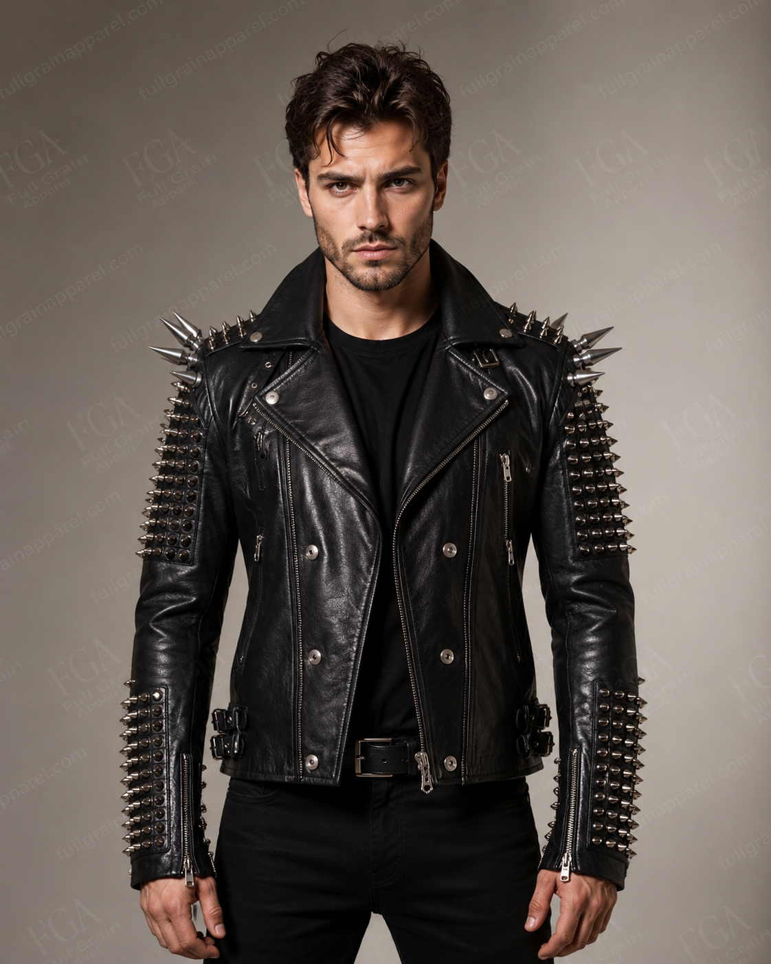 Men's Black Studded Leather Jacket | Spiked Moto | Full Grain Apparel