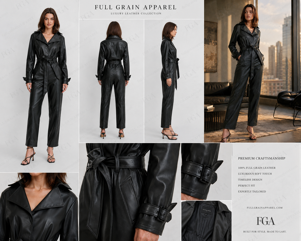 Women's Black Leather Jumpsuit | Luxury Full Body Jumpsuit | Full Grain Apparel