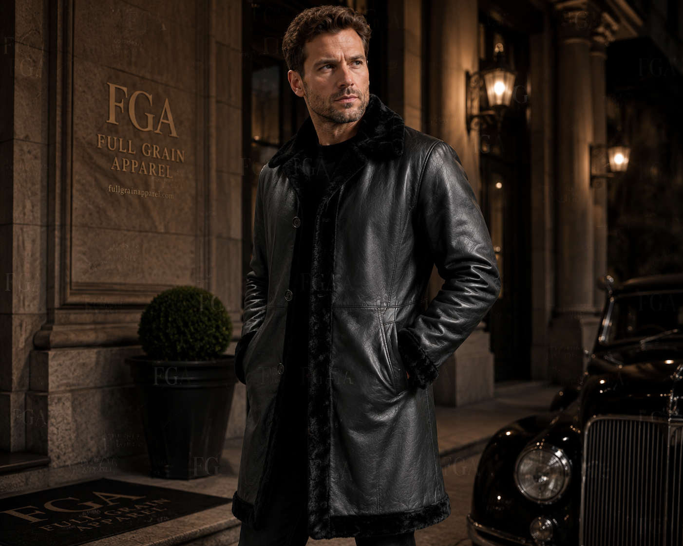 Men's Black Shearling Leather Coat | Winter Trench | Full Grain Apparel