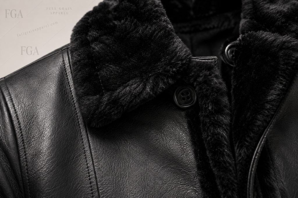 Men's Black Shearling Leather Coat | Winter Trench | Full Grain Apparel