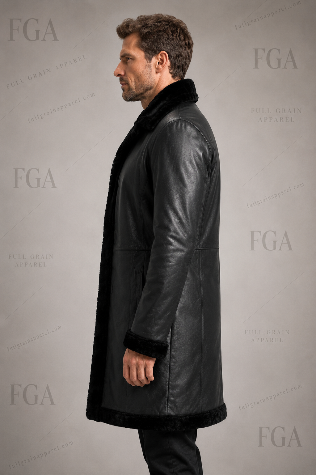 Men's Black Shearling Leather Coat | Winter Trench | Full Grain Apparel