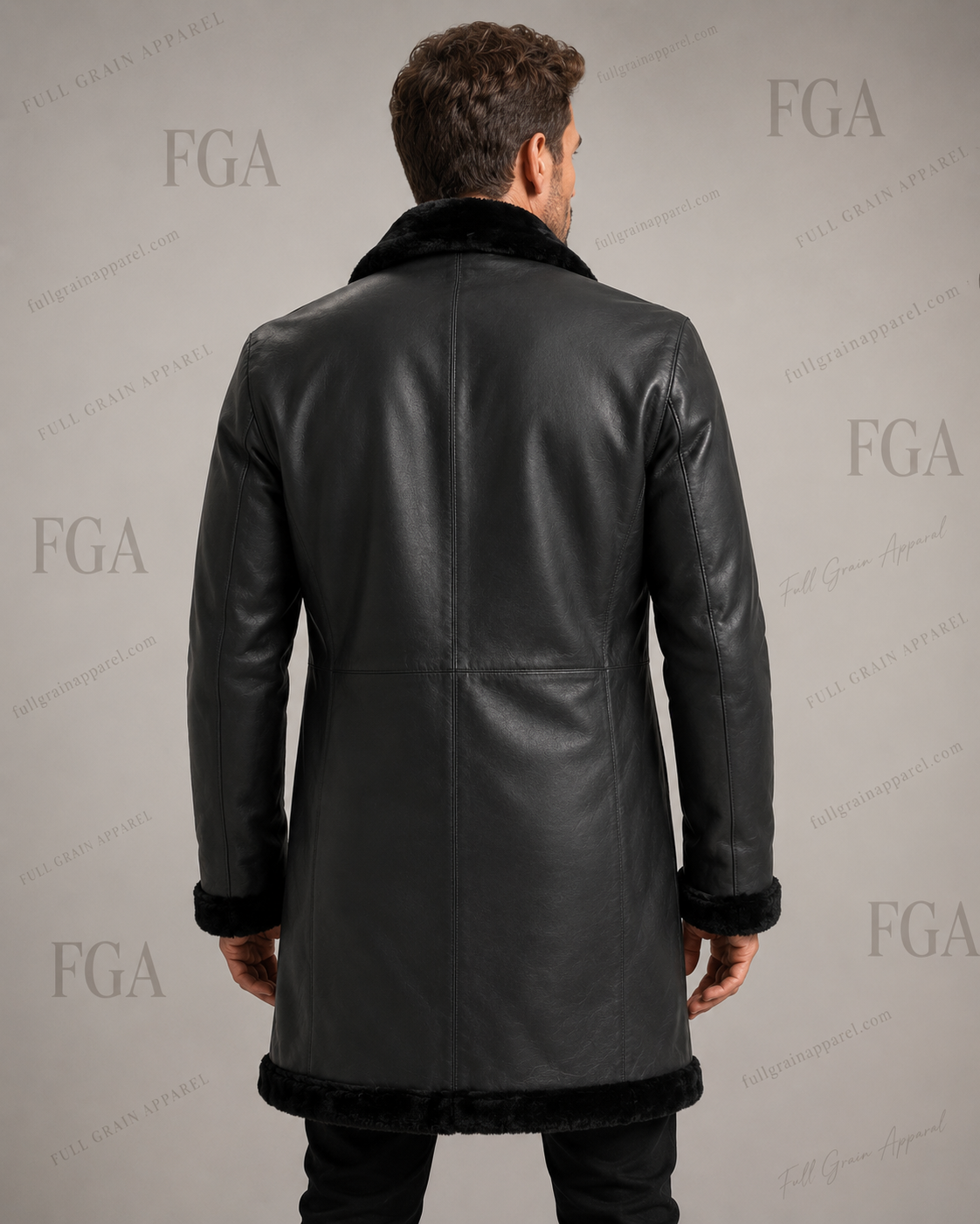 Men's Black Shearling Leather Coat | Winter Trench | Full Grain Apparel