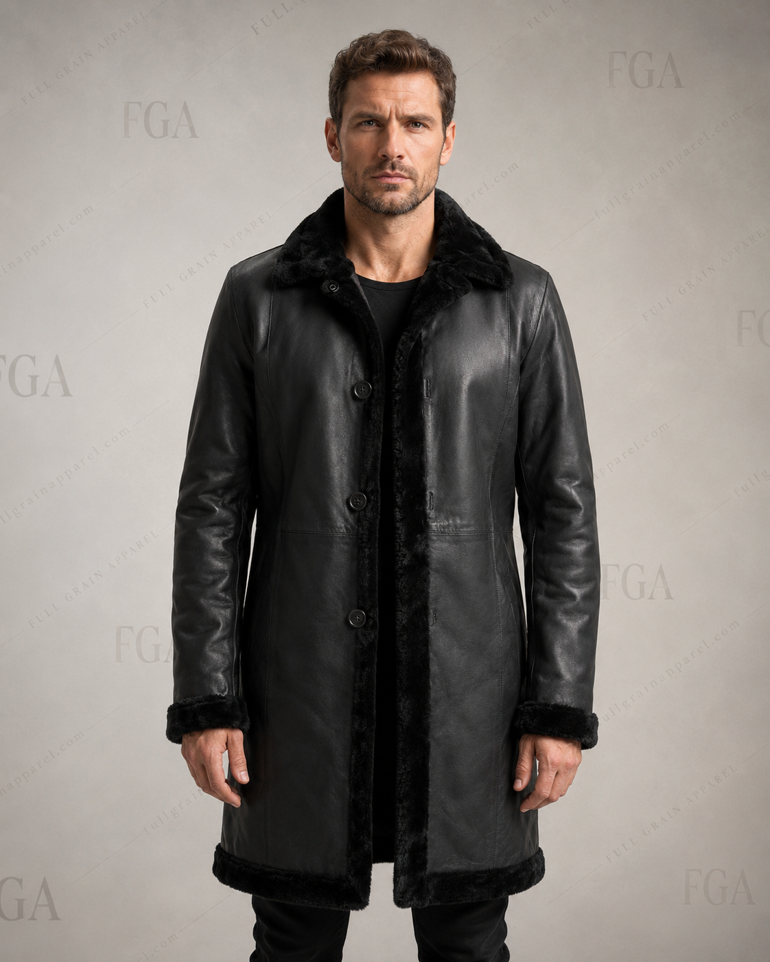 Men's Black Shearling Leather Coat | Winter Trench | Full Grain Apparel