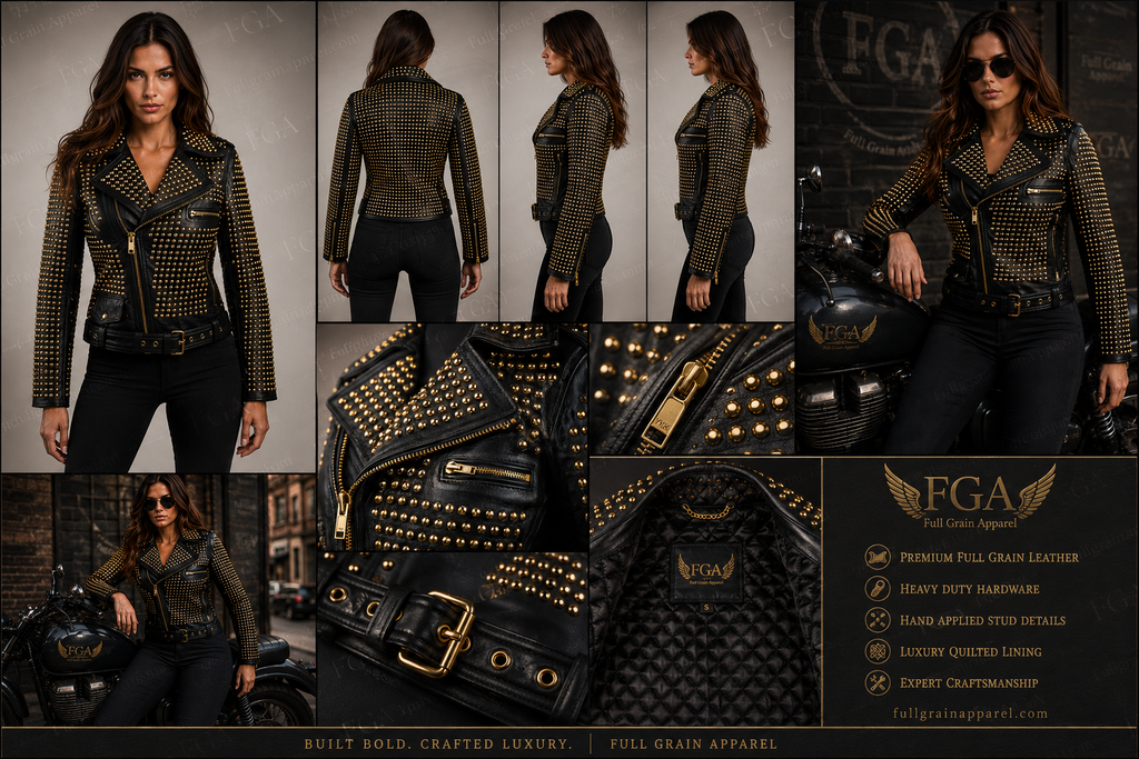 Women's Black Studded Leather Jacket | Gold Moto | Full Grain Apparel