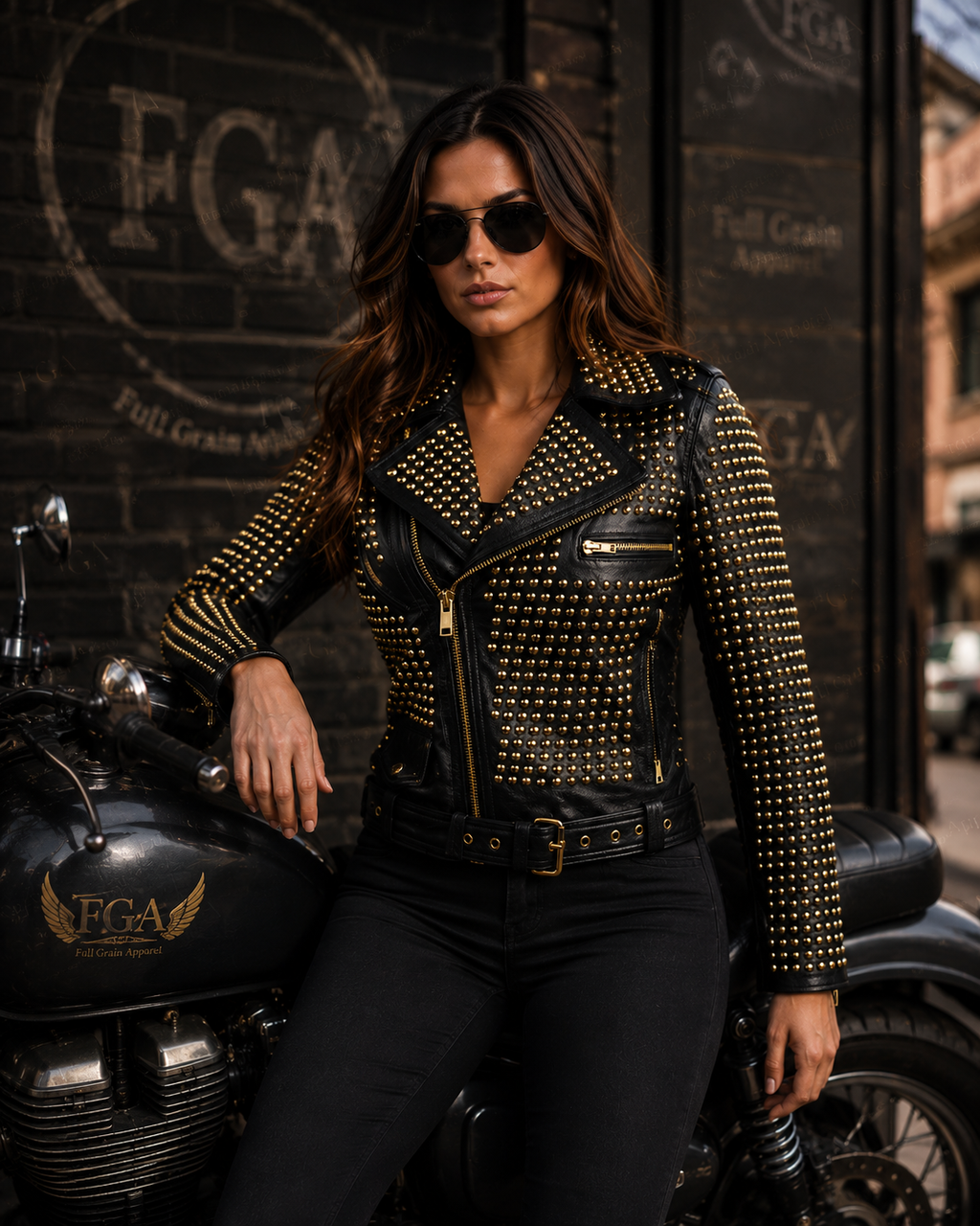 Women's Black Studded Leather Jacket | Gold Moto | Full Grain Apparel