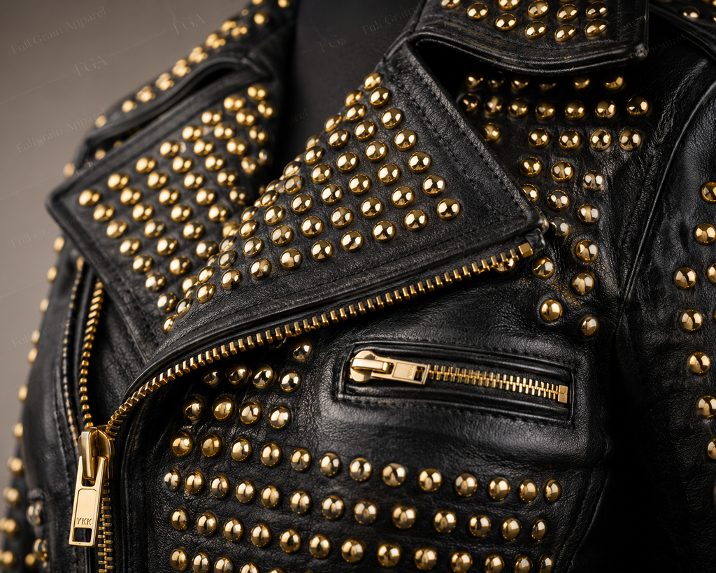 Women's Black Studded Leather Jacket | Gold Moto | Full Grain Apparel