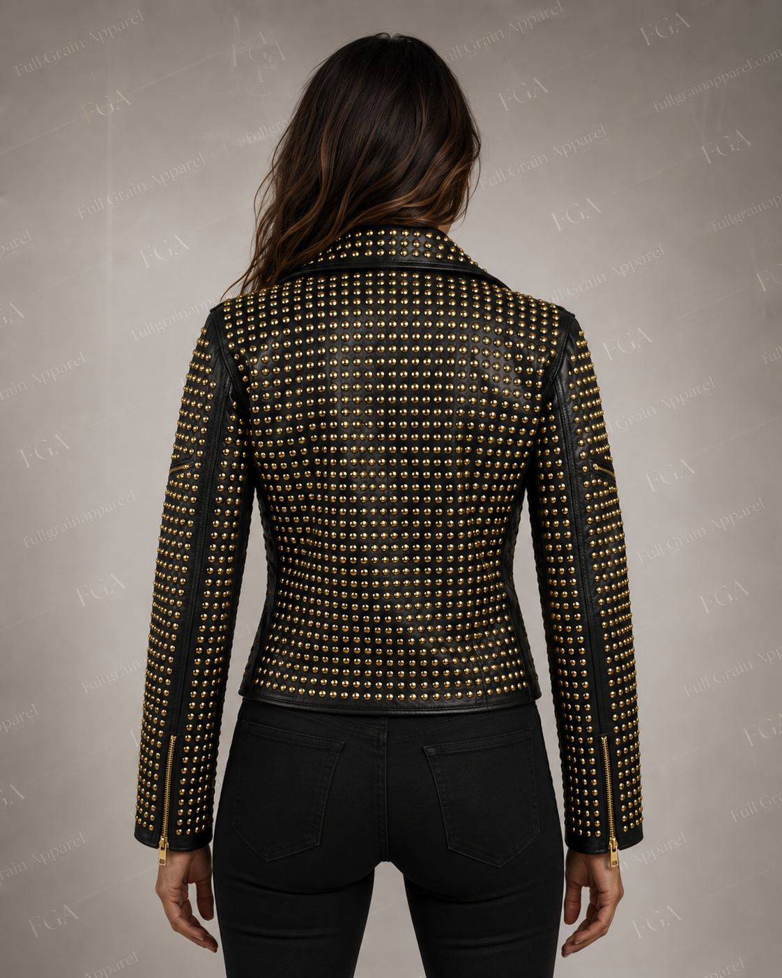 Women's Black Studded Leather Jacket | Gold Moto | Full Grain Apparel