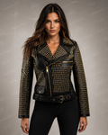 Women's Black Studded Leather Jacket | Gold Moto | Full Grain Apparel