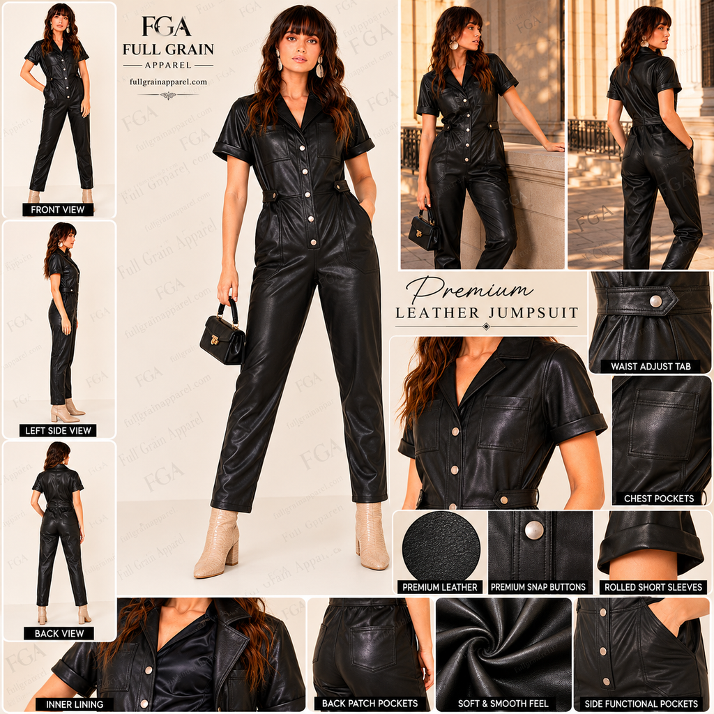 Women's Black Leather Jumpsuit | Utility Romper | Full Grain Apparel