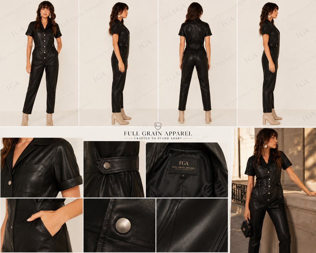 Women's Black Leather Jumpsuit | Utility Romper | Full Grain Apparel