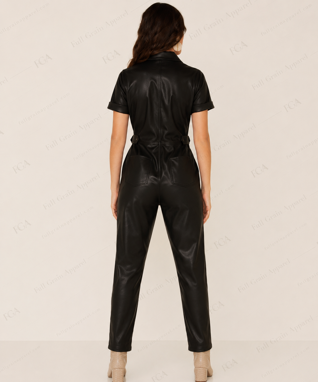 Women's Black Leather Jumpsuit | Utility Romper | Full Grain Apparel