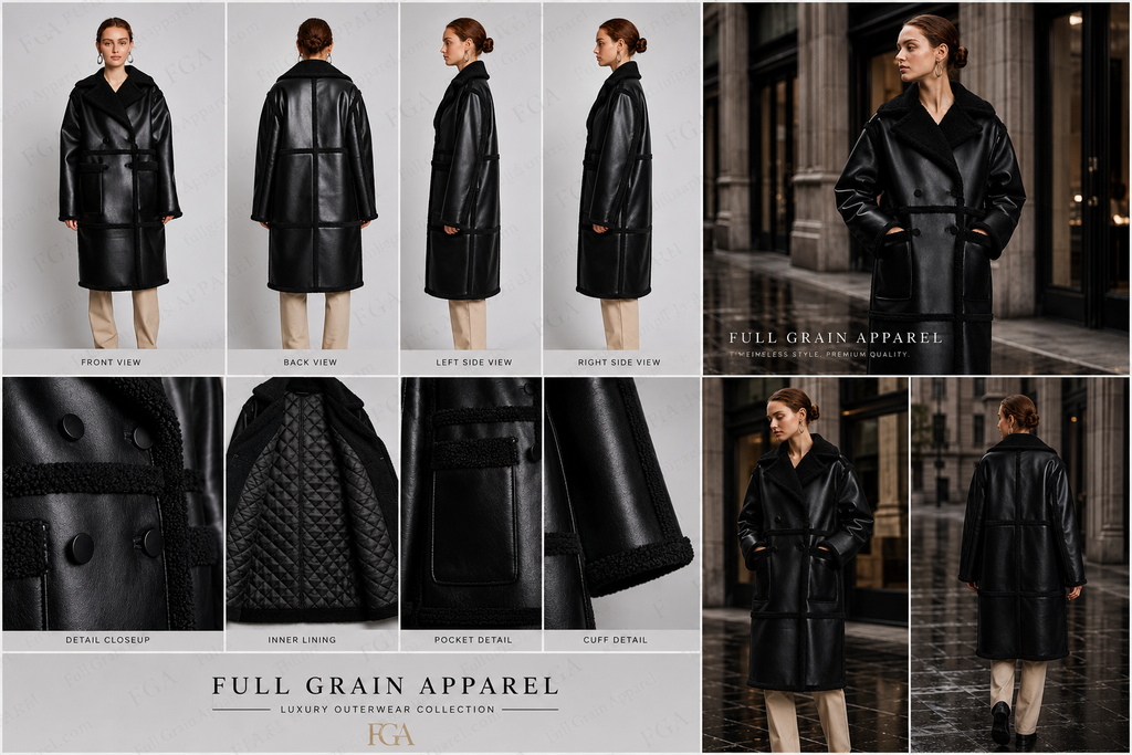 Women's Black Shearling Leather Coat | Winter Trench | Full Grain Apparel