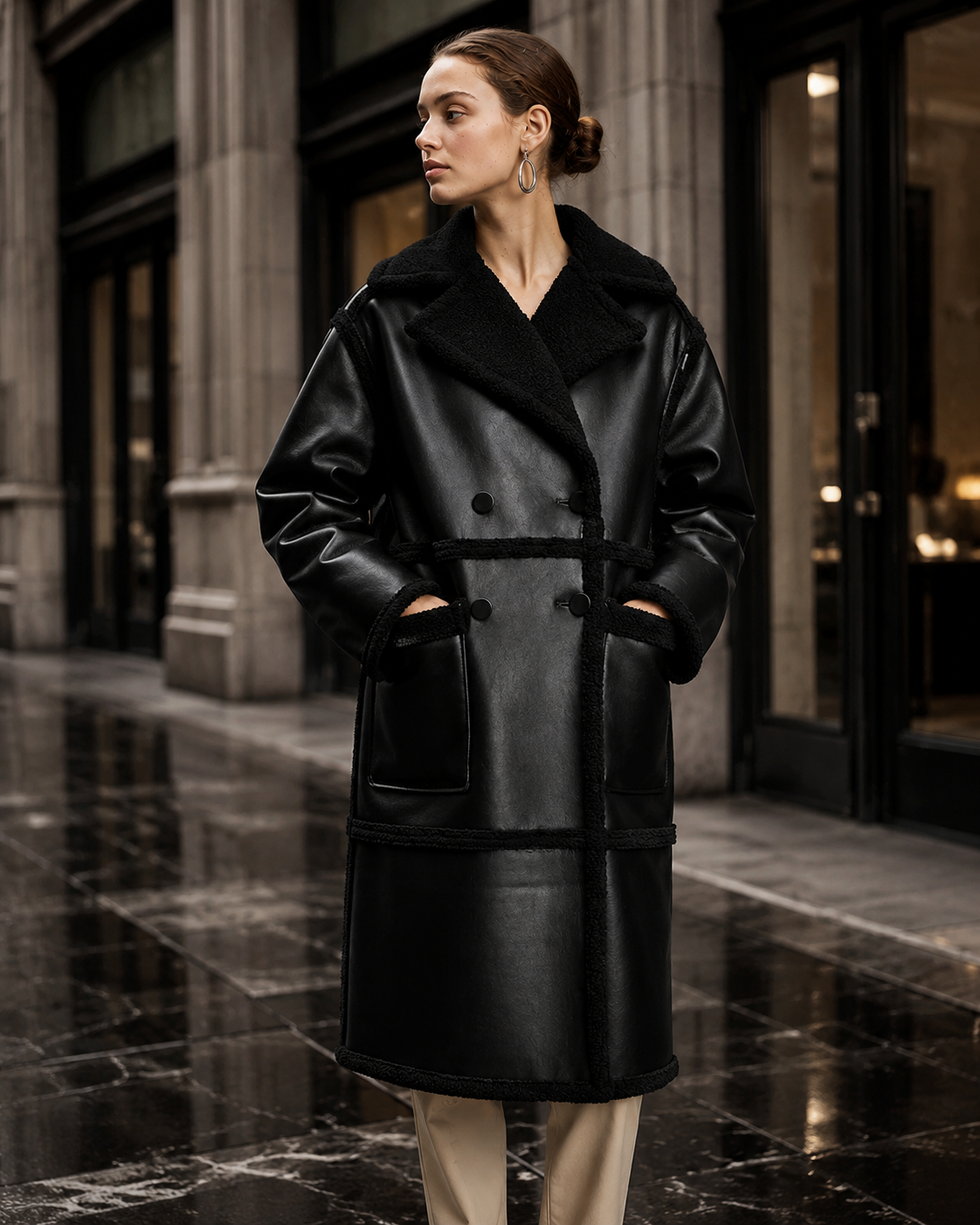 Women's Black Shearling Leather Coat | Winter Trench | Full Grain Apparel