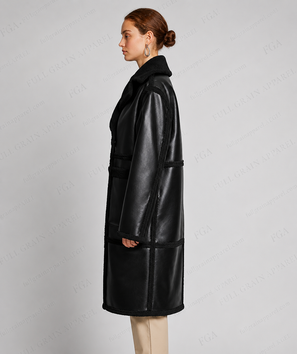 Women's Black Shearling Leather Coat | Winter Trench | Full Grain Apparel