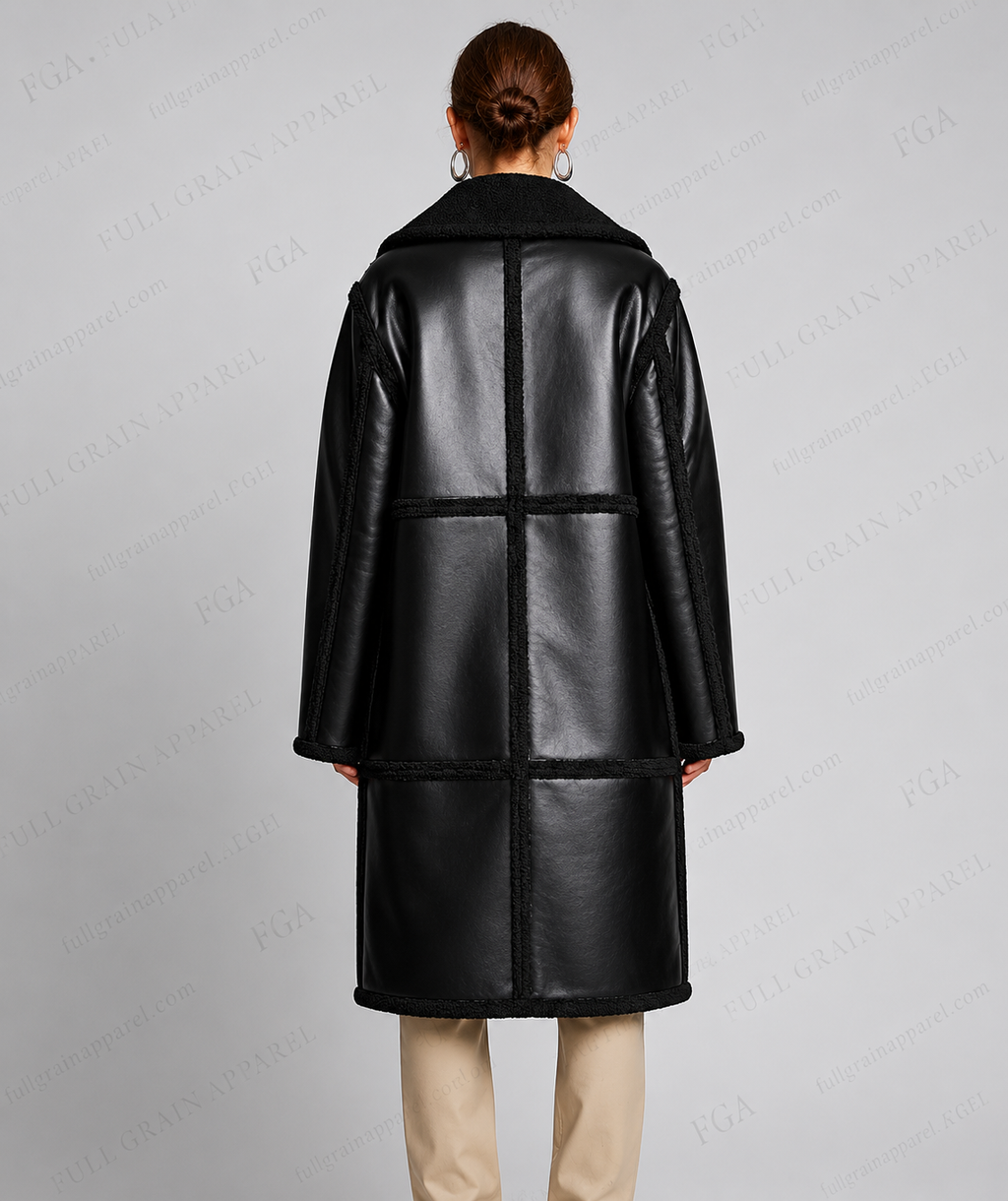 Women's Black Shearling Leather Coat | Winter Trench | Full Grain Apparel