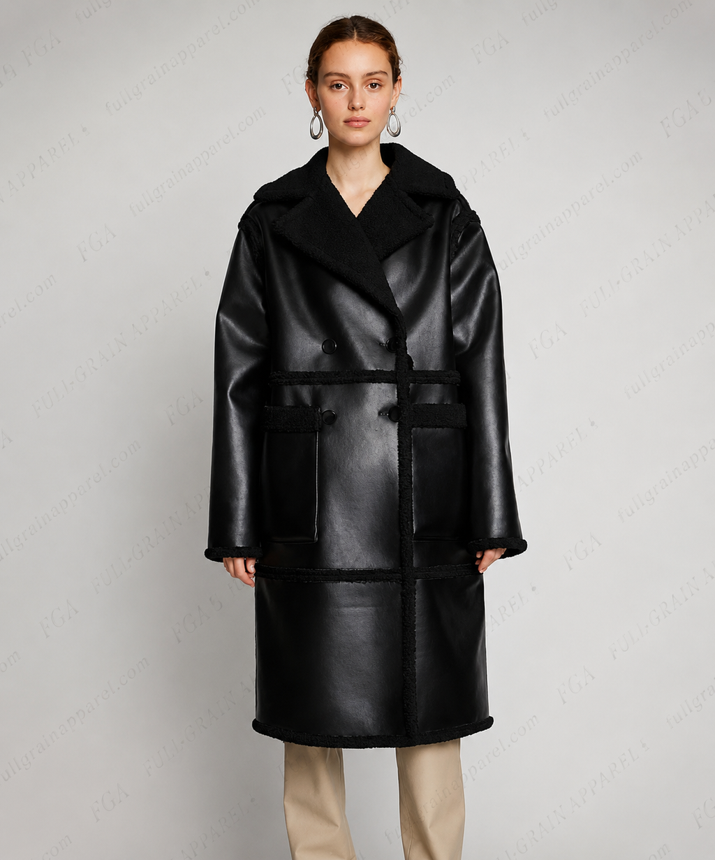 Women's Black Shearling Leather Coat | Winter Trench | Full Grain Apparel