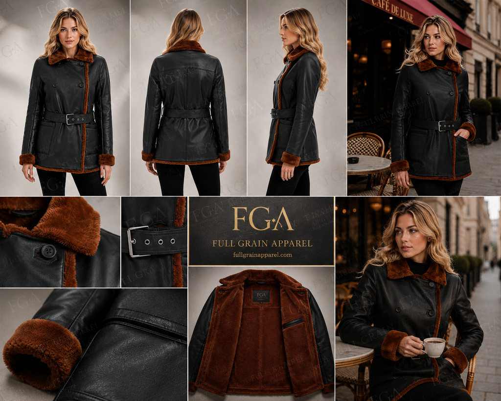 Women's Black Shearling Leather Jacket | Brown Trim | Full Grain Apparel