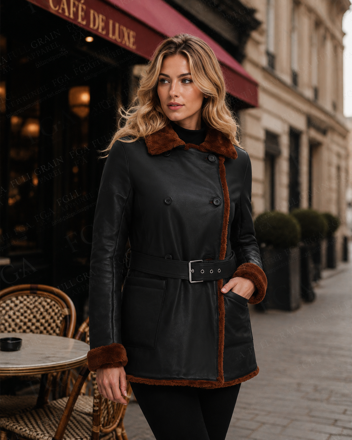 Women's Black Shearling Leather Jacket | Brown Trim | Full Grain Apparel