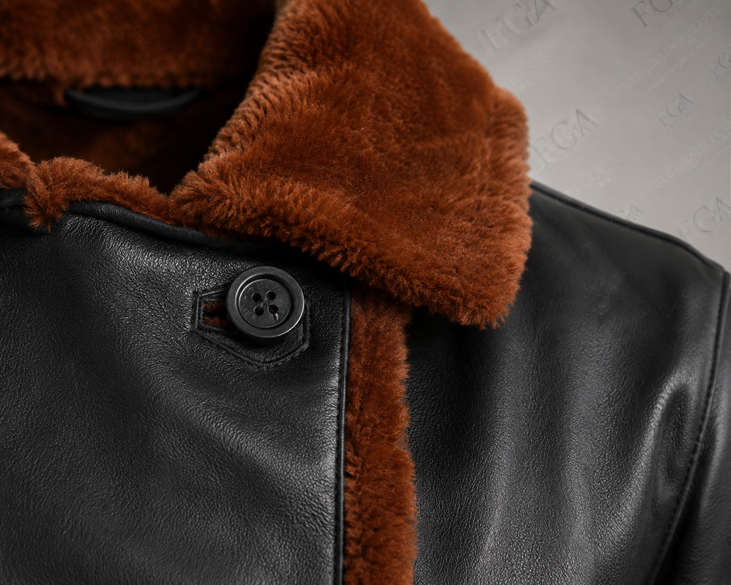 Women's Black Shearling Leather Jacket | Brown Trim | Full Grain Apparel